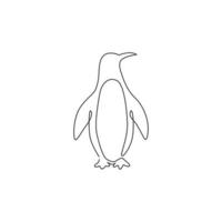 enda kontinuerlig linjeteckning av bedårande pingvin för företagets logotypidentitet. arktiska djur fågel maskot koncept för barn stationär produkt. en rad rita grafisk design vektorillustration vektor