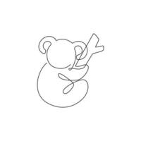 eine durchgehende Strichzeichnung eines entzückenden Koalas auf einem Baum für die Identität des nationalen Zoo-Logos. kleiner Bär aus Australien-Maskottchen-Konzept für das Symbol des Naturschutzparks. Einzeilige Zeichnungsdesign-Vektorillustration