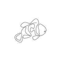 enda kontinuerlig linjeteckning av rolig clownfisk för logotypidentitet. avskalad anemonefish maskot koncept för national zoo ikon. moderna en rad rita design vektorillustration vektor