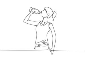 kontinuerlig en rad ritning ung vacker kvinna dricker färskt vatten från en flaska med sin högra hand efter träning. hälsosam livsstil koncept. enda rad rita design vektorgrafisk illustration vektor