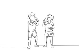 en rad ritning av ett par pojkar och flickor som står medan de njuter av ett glas färsk mjölk för tillväxt, hälsa och tillfredsställelse av kroppsnäring. kontinuerlig linje rita design grafisk vektorillustration vektor