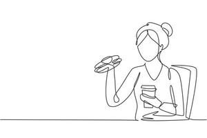 kontinuierliche eine linie, die junge frau mit hamburger mahlzeit und mit der hand eine tasse cola trinkt. glücklich und genießen Sie das Mittagessen im Restaurant. leckeres Essen. Einzeilige Zeichnung Design Vektorgrafik Illustration vektor