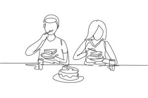 einzelne durchgehende Linie, die junges Paar Mann und Frau mit Kuchenmahlzeit um den Tisch zeichnet. Hochzeitstag mit romantischem Abendessen feiern. dynamische eine linie zeichnen grafikdesign vektorillustration vektor