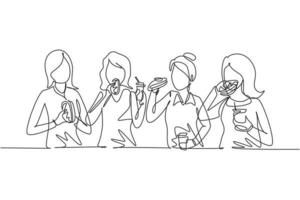kontinuerlig en rad teckning vänner äta snabbmat måltid i restaurangen. grupp glada kvinnor som sitter, pratar, middag, hamburgare och dricker läsk. enda rad rita design vektorgrafisk illustration vektor
