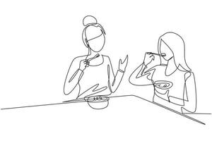 einzelne durchgehende Linie, die Mutter und Tochter beim gemeinsamen Müsliessen um den Tisch zeichnet. glücklich und genieße das Frühstück zu Hause. leckeres und gesundes Essen. eine linie zeichnen grafikdesign-vektorillustration vektor