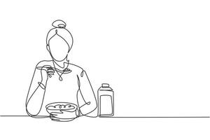 Single-Line-Zeichnung junge Frau mit Müsli-Mahlzeit mit Milch und Löffel. genieße das Frühstück zu Hause. leckeres und gesundes Lebensmittelkonzept. moderne durchgehende Linie zeichnen Design-Grafik-Vektor-Illustration vektor