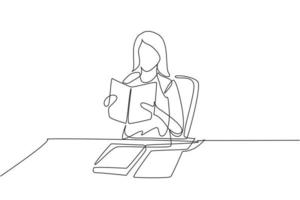 kontinuierliche eine linie zeichnung frau liest, lernt und sitzt auf einem stuhl um den tisch. in der Bibliothek studieren. intelligenter Student, Bildungskonzept. Einzeilige Zeichnung Design Vektorgrafik Illustration vektor