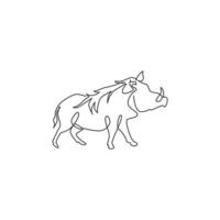 enda kontinuerlig linjeritning av vild vårtsvin för företagets logotypidentitet. Sahara Afrika gris maskot koncept för national conservation park ikon. moderna en rad rita design vektorillustration vektor