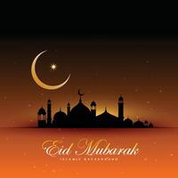 fantastischer eid mubarak Hintergrund mit Moschee und Mond vektor