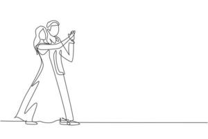 kontinuierliche eine linie, die romantische mann und frau professionelle tänzer paar tanzen tango, walzer tanzt auf der tanzfläche des tanzwettbewerbs. glückliches Leben. Einzeilige Zeichnung Design Vektorgrafik Illustration vektor