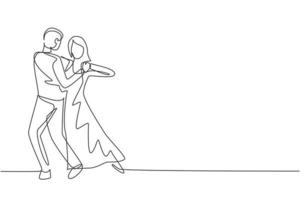 enda en rad ritning man kvinna professionell dansare par dansar tango, valsdanser på danstävling dansgolv. lycklig livsstil. modern kontinuerlig linje rita design grafisk vektorillustration vektor