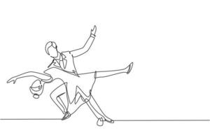 kontinuerlig en rad ritning ung man och kvinna professionella dansare par dansar tango, vals danser på dans tävling dansgolv. elegant stil. enda rad rita design vektorgrafisk illustration vektor