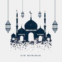 islamic eid mubarak eleganta hälsning med moské och lampor vektor