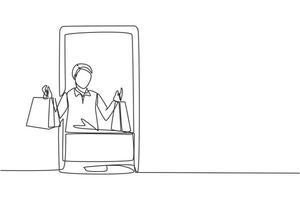 einzelne durchgehende Strichzeichnung junger Mann, der aus dem Smartphone-Bildschirm kommt und Einkaufstüten hält. Konzept des digitalen Lebensstils und des Konsums. dynamische eine linie zeichnen grafikdesign vektorillustration vektor