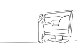 Kontinuierliche einzeilige Zeichnung junger arabischer Mann beim Einkaufen über den Bildschirm mit Einkaufswagen. E-Shop, E-Commerce, digitales Lifestyle-Konzept. Einzeilige Zeichnung Design Vektorgrafik Illustration vektor