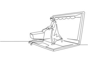 Kontinuierliche einzeilige Zeichnung junger arabischer Mann, der aus dem Baldachin-Laptop-Bildschirm kommt, der einen Einkaufswagen schiebt. Verkauf, digitales Lifestyle-Konsumkonzept. Einzeilige Zeichnung Design Vektorgrafik Illustration vektor