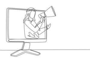 kontinuierliche eine linie zeichnung arabischer mann, der aus dem monitorbildschirm mit megaphon kommt. Produkt mit Rabatten oder Verkauf anbieten. Marketingkonzept. Einzeilige Zeichnung Design Vektorgrafik Illustration vektor