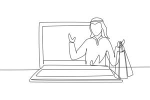 kontinuierliche eine zeilenzeichnung junger arabischer mann, der aus dem laptopbildschirm mit einkaufstaschen kommt. Verkauf, digitaler Lebensstil und Konsumkonzept. Einzeilige Zeichnung Design Vektorgrafik Illustration vektor
