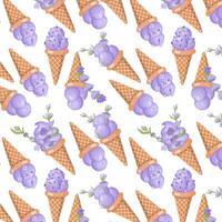 Lavendel Eis Creme. drei Schaufeln von cremig Süss Dessert im ein Waffel Kegel. lila Sorbet. nahtlos Muster. Illustration. vektor