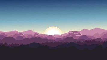 soluppgång i bergen, natur landskap bakgrund, solen skiner bakom bergen med den svala morgonluften under gryningshimlen. morgon visa tecknad vektorillustration