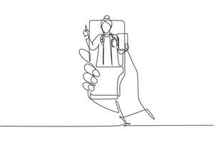 Einzelne eine Linie zeichnende Hand, die Smartphone hält, und es kommt eine Ärztin aus dem Smartphone-Bildschirm, der die Zwischenablage hält. Online-Beratungskonzept. moderner kontinuierlicher Draw-Design-Grafikvektor vektor