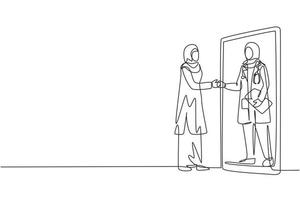 Kontinuierliche eine Strichzeichnung Hijab Patientin Händeschütteln mit Ärztin in Smartphone mit Zwischenablage. medizinische Online-Beratung. Einzeilige Zeichnung Design Vektorgrafik Illustration vektor