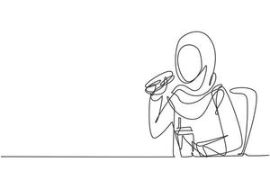 einzelne durchgehende Linie, die junge arabische Frau mit Hamburgermahlzeit und Tasse Cola mit der Hand zeichnet. glücklich und genießen Sie das Mittagessen im Restaurant. dynamische eine linie zeichnen grafikdesign vektorillustration vektor
