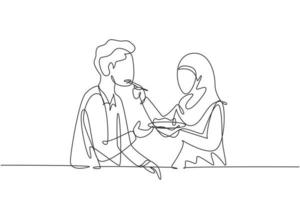 kontinuierliche eine linie, die romantische arabische frau füttert, füttert ihren mann. glückliches Paar Abendessen zusammen im Restaurant. Hochzeitsjubiläen feiern. Einzeilige Zeichnung Design Vektorgrafik Illustration vektor