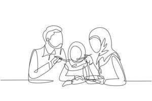 einzelne durchgehende Linie, die arabische Familie zeichnet, die zusammen Spaß im Restaurant hat. Eltern füttern ihre Tochter mit Liebe. glückliches kleines Familienkonzept. eine linie zeichnen grafikdesign-vektorillustration vektor