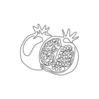einzelne durchgehende Strichzeichnung von ganz und halb geschnittenem gesundem Bio-Granatapfel für die Identität des Obstgarten-Logos. frisches Saatgut-Konzept für Obstgarten-Symbol. moderne eine linie zeichnen design-vektorillustration vektor