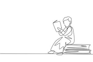 einzelne durchgehende Strichzeichnung arabischer kleiner Junge, der auf großen Büchern liest, lernt und sitzt. zu Hause lernen. intelligenter Student, Bildungskonzept. dynamische eine linie zeichnen grafikdesign vektorillustration vektor