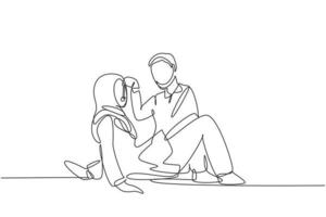 einzelne durchgehende Linie, die romantisches arabisches Paar beim Picknick im Park zeichnet. Entspannen zusammen auf dem Boden sitzend und Männer, die Frauen Trauben füttern. eine linie zeichnen grafikdesign-vektorillustration vektor