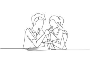 einzelne durchgehende Strichzeichnung romantischer Mann füttert seine Frau. glückliches junges Paar beim gemeinsamen Abendessen im Restaurant. Hochzeitsjubiläen feiern. eine linie zeichnen grafikdesign-vektorillustration vektor