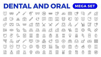uppsättning av dental och oral ikoner. enkel linje konst stil ikoner packa. dental element stroke piktogram och minimal tunn webb ikon uppsättning. översikt samling. vektor
