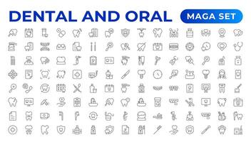 einstellen von Dental und Oral Symbole. einfach Linie Kunst Stil Symbole Pack. Dental Elemente Schlaganfall Piktogramm und minimal dünn Netz Symbol Satz. Gliederung Sammlung. vektor