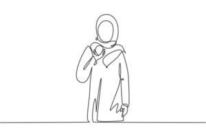 Single One-Line-Zeichnung arabische Frau mit Bäckerei-Mahlzeit mit der Hand. glücklich und genießen Sie den Mittagssnack im Büro. leckeres und gesundes Essen. moderne durchgehende Linie zeichnen Design-Grafik-Vektor-Illustration vektor