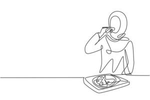 kontinuierliche eine linie, die junge arabische frau mit spaghetti-mahlzeit mit gabel zeichnet. glücklich und genießen Sie das Mittagessen im Restaurant. leckeres und gesundes Essen. Einzeilige Zeichnung Design Vektorgrafik Illustration