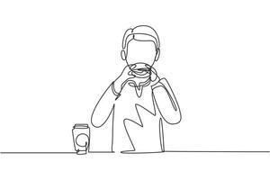 einzelne durchgehende Strichzeichnung arabischer Junge mit Hamburger-Essen mit den Händen um den Tisch. Genießen Sie und ein glückliches Mittagessen, wenn Sie hungrig sind. leckeres Fastfood. eine linie zeichnen grafikdesign-vektorillustration vektor