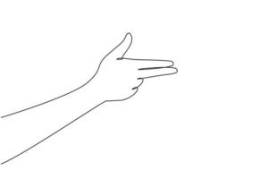 Einzelne eine Linie zeichnende Hand, die Feuerwaffe mit den Fingern gestikuliert und auf das Schießsymbol zielt. Hand, die Gewehrgeste macht. Handschusszeichen oder -symbol. Waffen von Hand. moderne durchgehende Linienzeichnungsgrafik vektor