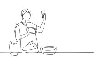 einzelne durchgehende Linie, die gutaussehender Mann zeichnet, der selfie nimmt oder Videoanrufe mit ihrem Smartphone macht, während er frischen Salat kocht. Konzept für gesunde Ernährung. eine linie zeichnen grafikdesign-vektorillustration vektor