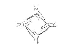 Durchgehende eine Linie, die vier Palmhände zeichnet, bilden eine quadratische Rahmenform. Symbol für Fürsorge, Einheit, Teilen, Vertrauen. Kommunikation mit Handgesten. Einzeilige Zeichnung Design Vektorgrafik Illustration vektor