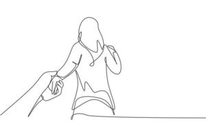 einzelne durchgehende Strichzeichnungsfrau, die die Hand des Mannes hält, während sie ihn über die Natur im Freien führt. verliebtes Pärchen. und versprechen, einander treu zu sein. eine linie zeichnen grafikdesign-vektorillustration vektor