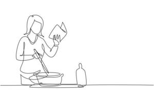 einzelne eine Linie, die junge Frau kocht, die beim Lesen des Buches kocht, das sie hält. gesundes lebensstilkonzept. zu Hause kochen. Essen zubereiten. durchgehende Linie zeichnen Design-Grafik-Vektor-Illustration vektor