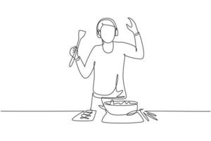 Single-One-Line-Zeichnung junger Mann, der in der Küche kocht und Musik hört. gesunde lebensmittelillustration. gesundes Lebensstilkonzept. zu Hause kochen. Essen zubereiten. Designgrafik mit durchgehender Linienzeichnung vektor