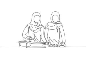 Kontinuierliche eine Linie, die zwei arabische Frauen zeichnet, die Speiseöl aus der Flasche in die Pfanne auf dem Herd gießen. Essen in der Küche zubereiten. zu Hause kochen. Einzeilige Zeichnung Design Vektorgrafik Illustration vektor