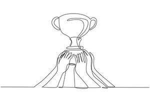 durchgehende eine Linie, die goldene Trophäe zeichnet, die von vielen Händen gehalten wird. Symbol für den Gewinn von Meisterschaften, Spielen und Sportwettkämpfen. beste Leistung. Einzeilige Zeichnung Design Vektorgrafik Illustration vektor