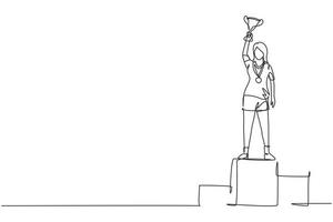 Single One-Line-Zeichnung Sportlerin mit Sport-Trikot, die goldene Trophäe mit einer Hand auf dem Podium hebt. den Sieg des Wettbewerbs feiern. durchgehende Linie zeichnen Design-Grafik-Vektor-Illustration vektor