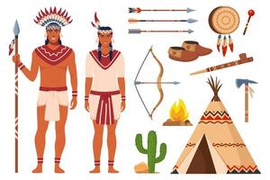 inföding amerikan indianer och traditionell kläder uppsättning, vapen och kulturell symboler. rosett, pilar, tamburin, wigwam, mockasiner, tomahawk, fred rör. vektor