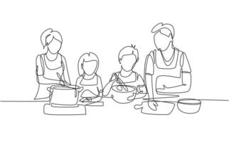 kontinuerlig en rad ritning lycklig familj mamma, pappa, lilla dotter och son lagar mat i köket tillsammans, köksutrustning, porslin, hus, hem. enda rad rita design vektorgrafisk illustration vektor