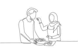 einzelne durchgehende Strichzeichnung schöne arabische Frau füttert ihren Mann mit Essen und vor ihm ist eine Schüssel mit Salat gefüllt. zusammen kochen in der küche. eine linie zeichnen grafikdesign-vektorillustration vektor